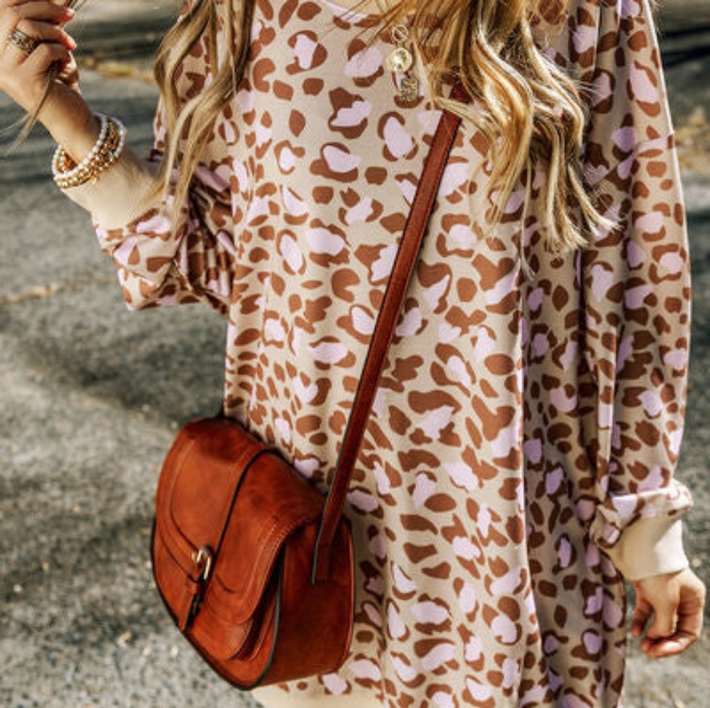 Leopard Print Mini Dress Tan Pink Long Sleeve Round Neck Size SM NWOT - Picture 4 of 4